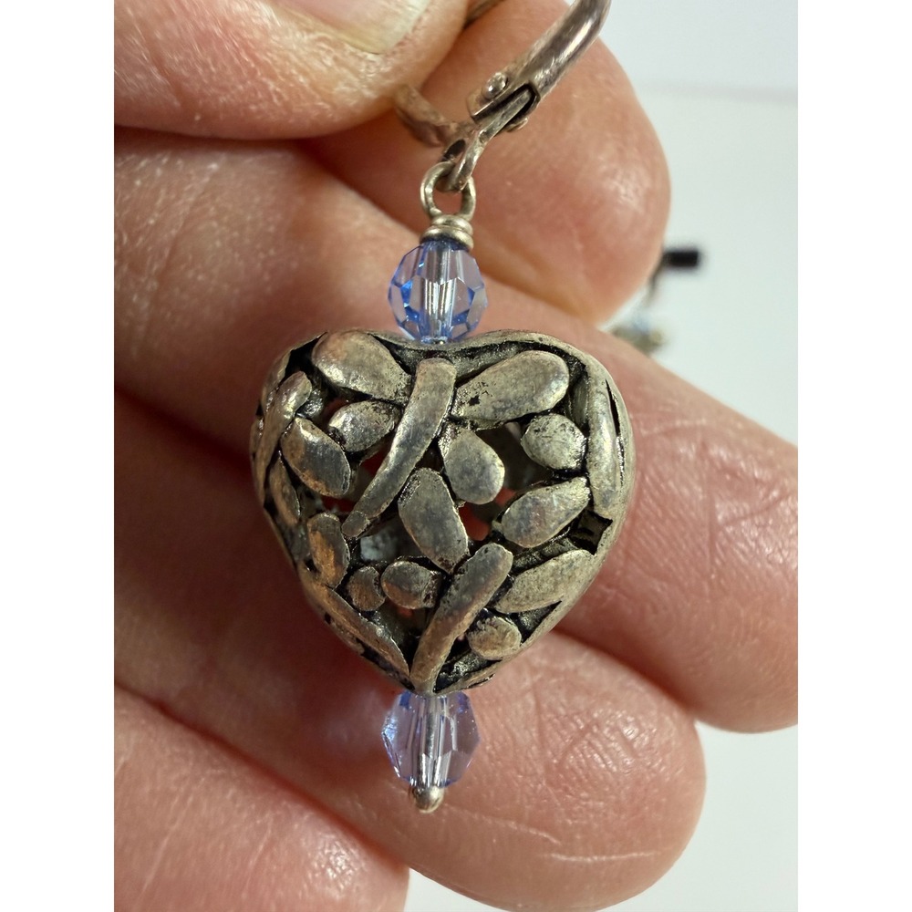 Unbranded Heart Earrings OS Silver Tone Blue Dragonfly Filigree Leverback